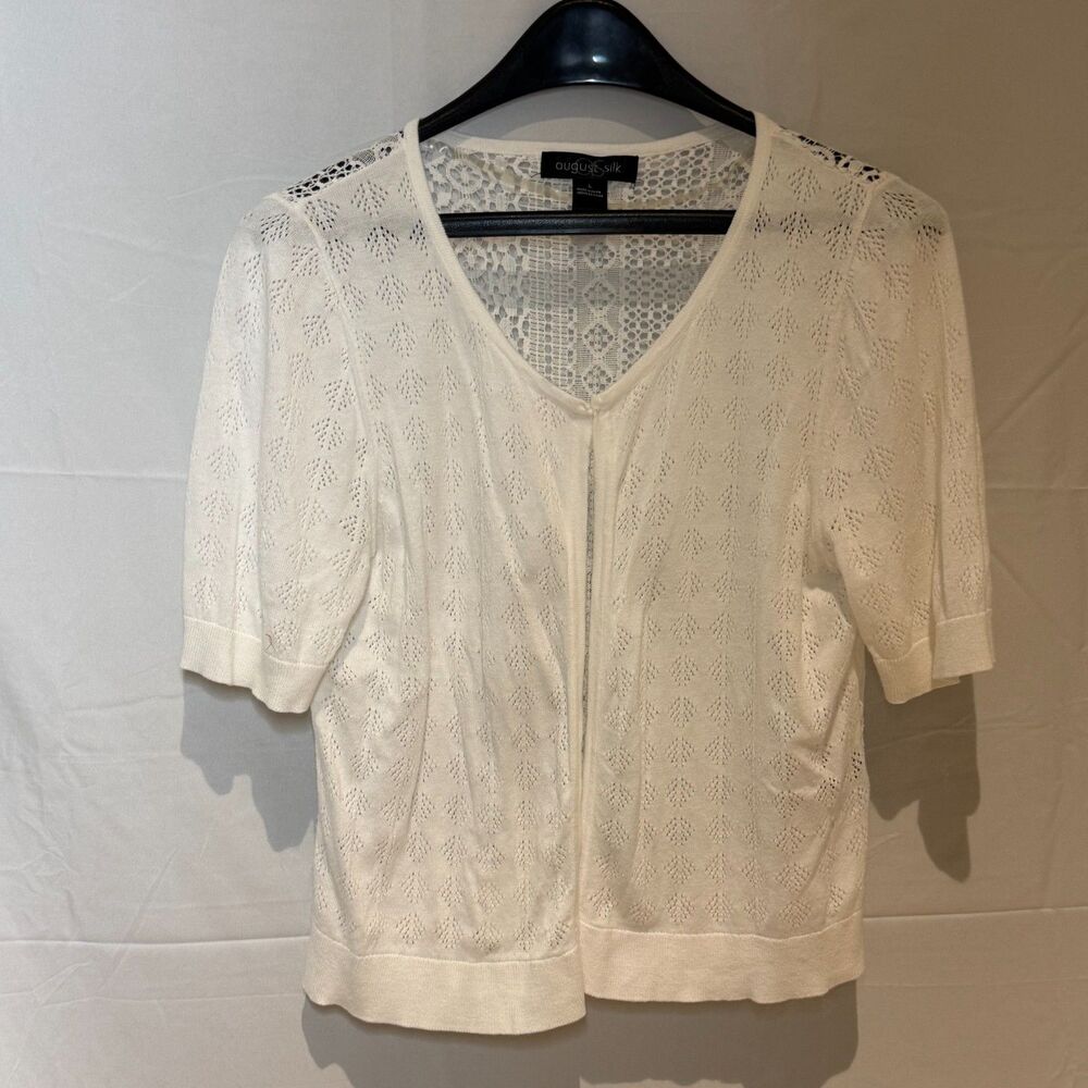 August Silk Ivory Lace Back Short Sleeve Open Front Cardigan Size L
